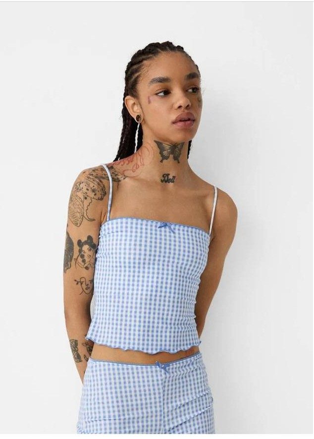 Ensemble crop-top + short bleu à carreaux